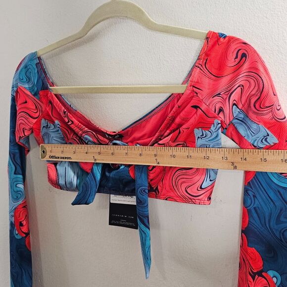 NWT Icon Swim Blue & Red Moment Like This Bikini Swirl Print Long Sleeve Top S - Picture 3 of 6